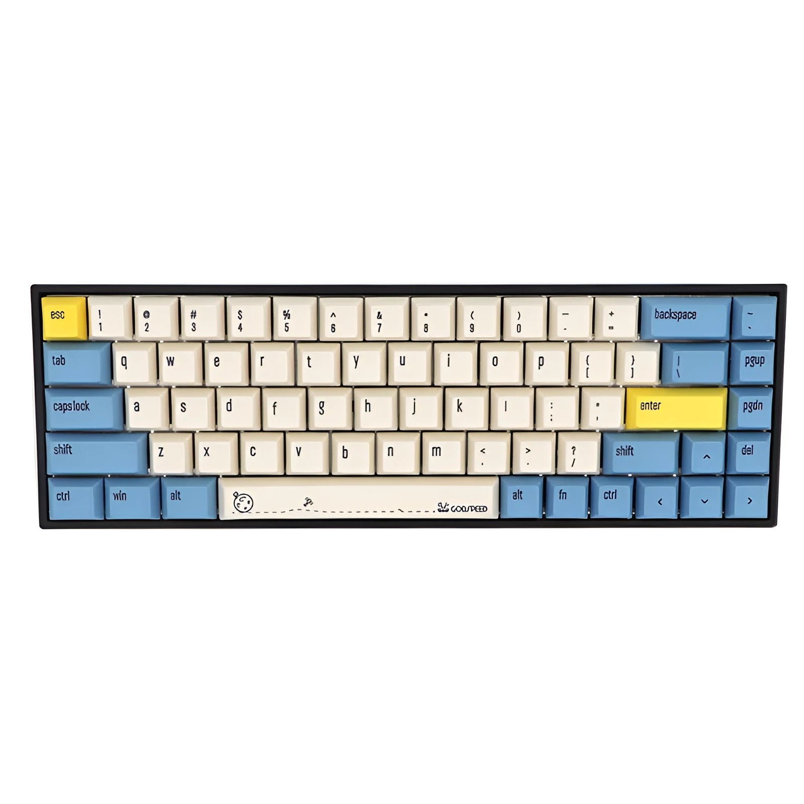 68-key PBT mechanical keyboard keycap set showing nine colour options including blue, grey, pink, and yellow