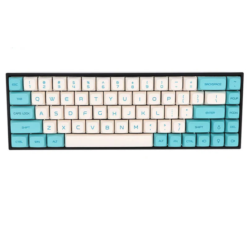 68-key PBT mechanical keyboard keycap set showing nine colour options including blue, grey, pink, and yellow