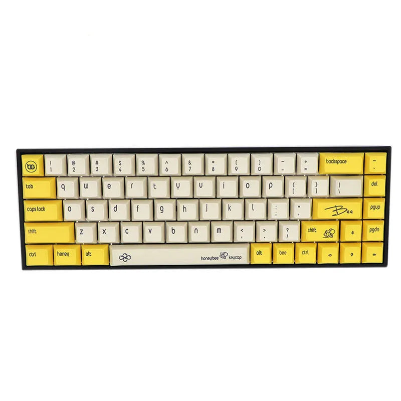 68-key PBT mechanical keyboard keycap set showing nine colour options including blue, grey, pink, and yellow