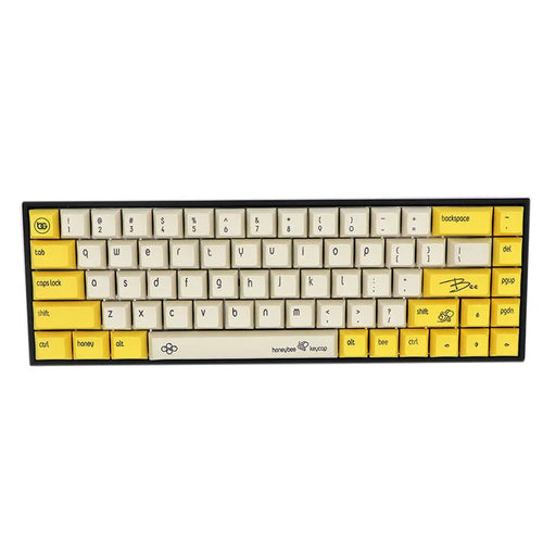 68-key PBT mechanical keyboard keycap set showing nine colour options including blue, grey, pink, and yellow