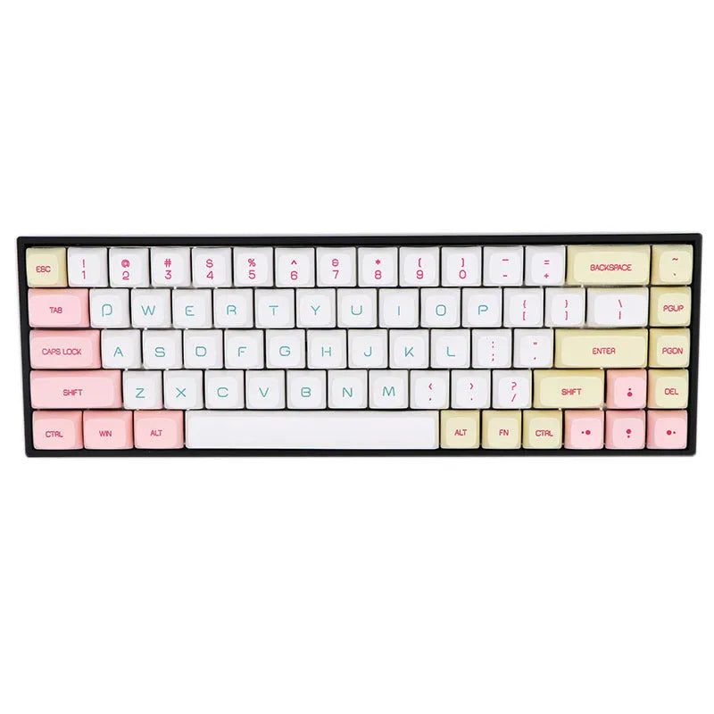 68-key PBT mechanical keyboard keycap set showing nine colour options including blue, grey, pink, and yellow