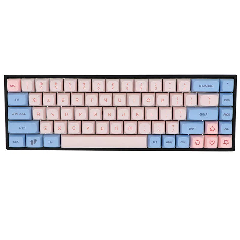 68-key PBT mechanical keyboard keycap set showing nine colour options including blue, grey, pink, and yellow
