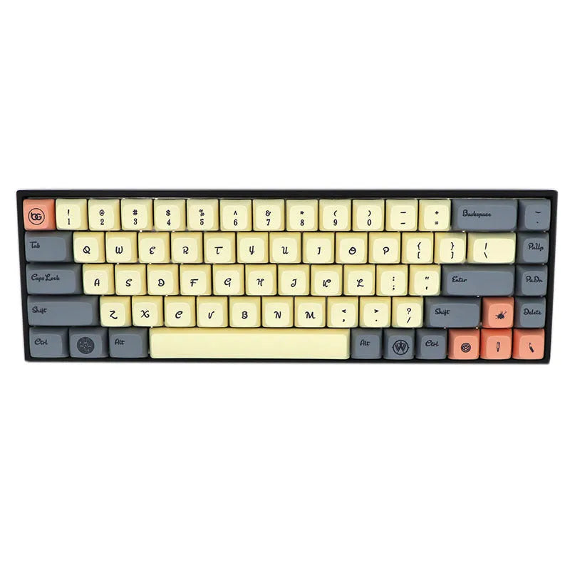68-key PBT mechanical keyboard keycap set showing nine colour options including blue, grey, pink, and yellow