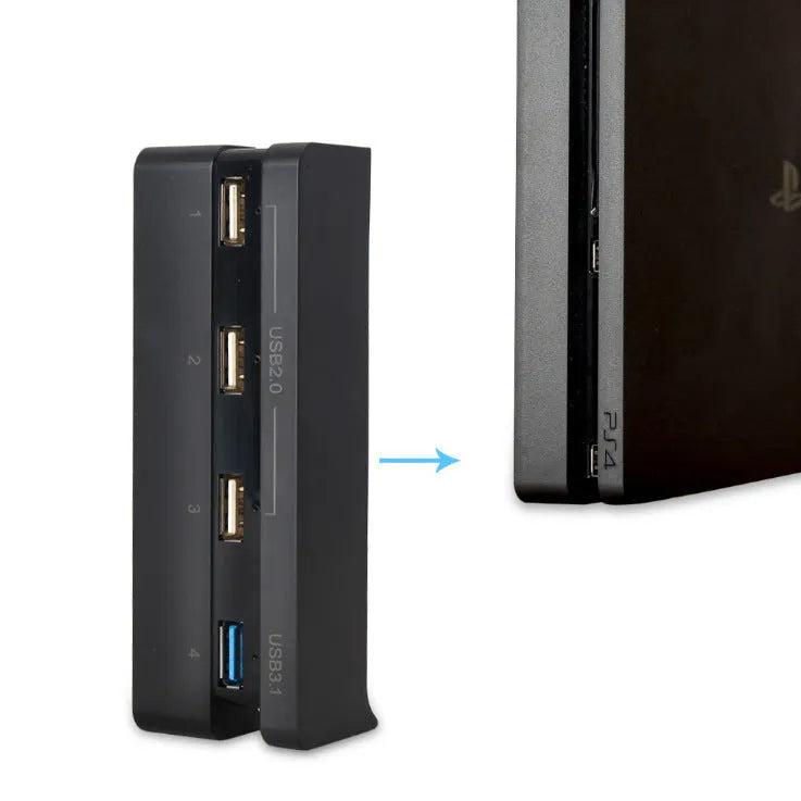 Black PS4 Slim USB hub extender with multiple USB ports for console connectivity expansion