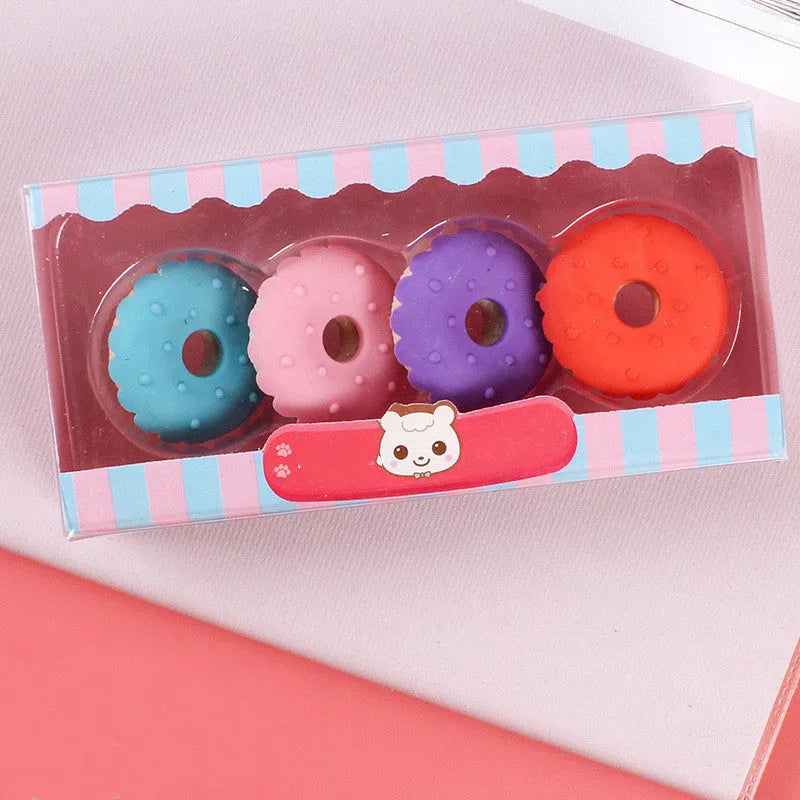 Cartoon dessert eraser gift set with ice cream, donut, and lollipop designs for kindergarten children