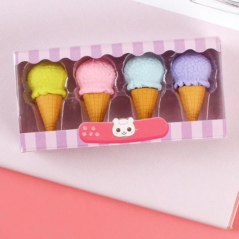 Cartoon dessert eraser gift set with ice cream, donut, and lollipop designs for kindergarten children