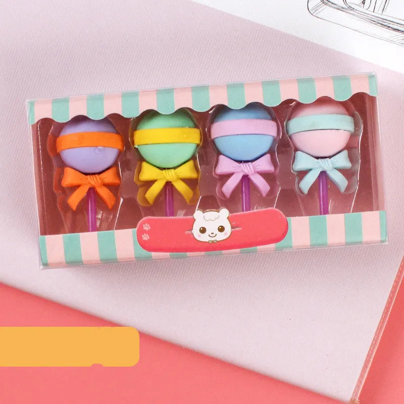Cartoon dessert eraser gift set with ice cream, donut, and lollipop designs for kindergarten children
