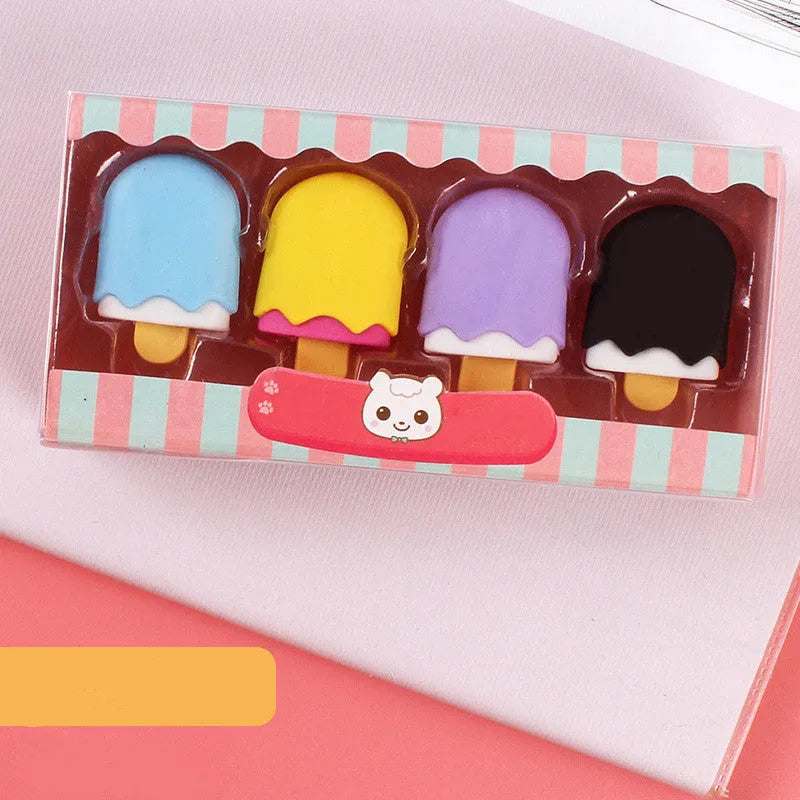 Cartoon dessert eraser gift set with ice cream, donut, and lollipop designs for kindergarten children