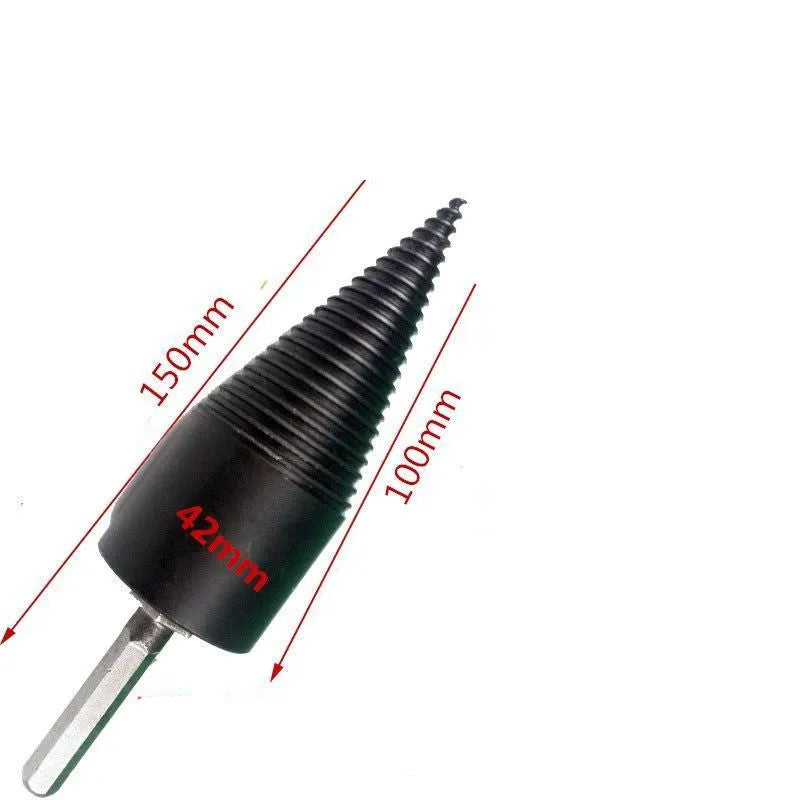 Hexagonal steel firewood-splitting drill bit for electric drills in 32mm and 42mm sizes.