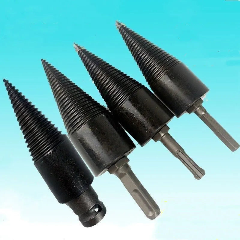 Hexagonal steel firewood-splitting drill bit for electric drills in 32mm and 42mm sizes.