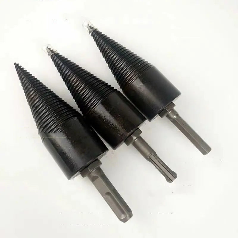 Hexagonal steel firewood-splitting drill bit for electric drills in 32mm and 42mm sizes.