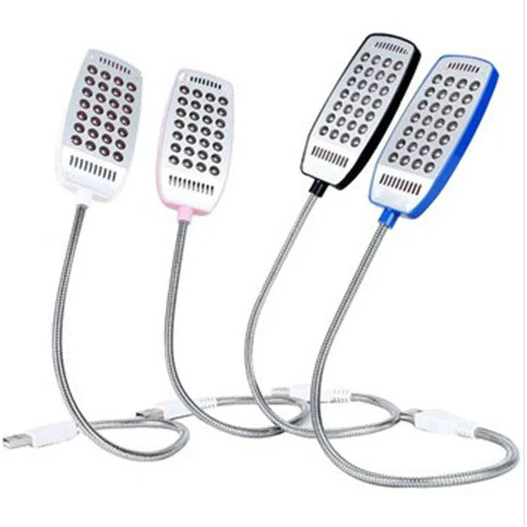 USB gooseneck LED lamp with flexible adjustable arm in black, white, blue, or pink colours