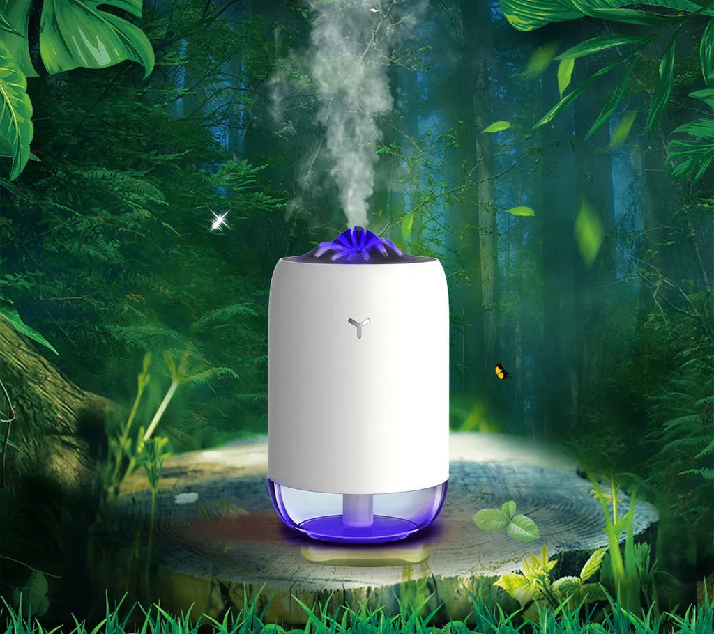 Magic Flame columnar humidifier in white with USB cable and single mist outlet