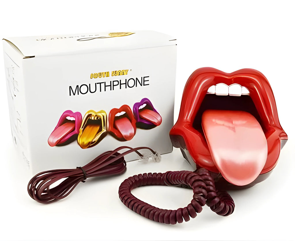 Red lip novelty telephone with LED indicator on a desk