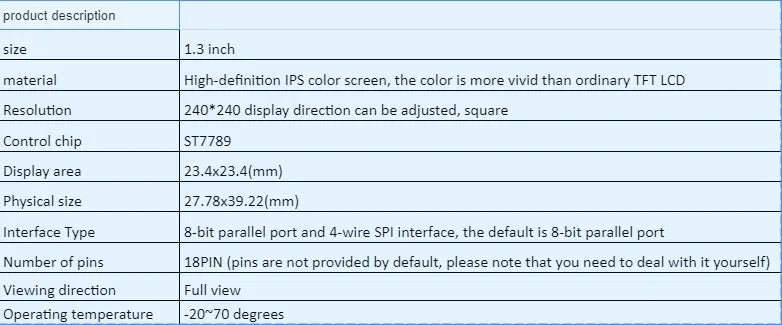 1.3 inch 240x240 IPS LCD display module with 18-pin connector for electronics projects