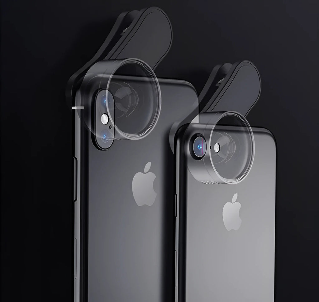Universal mobile phone lens kit with fill light showing wide angle macro and fisheye lenses