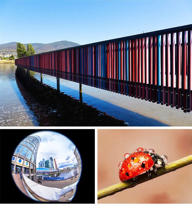 Universal mobile phone lens kit with fill light showing wide angle macro and fisheye lenses