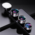 Universal mobile phone lens kit with fill light showing wide angle macro and fisheye lenses
