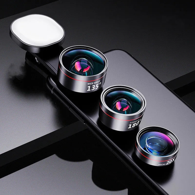 Universal mobile phone lens kit with fill light showing wide angle macro and fisheye lenses