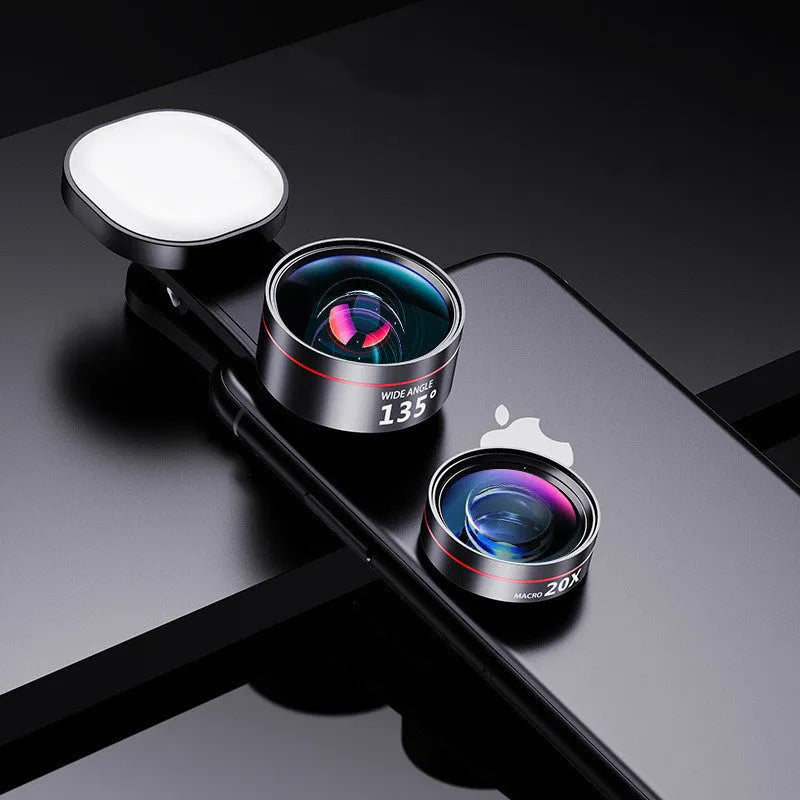 Universal mobile phone lens kit with fill light showing wide angle macro and fisheye lenses
