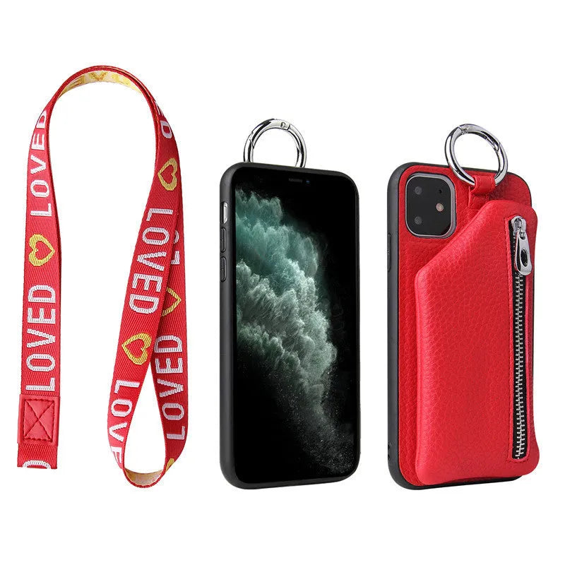 PU leather iPhone case wallet with crossbody lanyard and coin purse compartment in solid colour