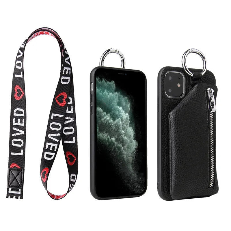 PU leather iPhone case wallet with crossbody lanyard and coin purse compartment in solid colour