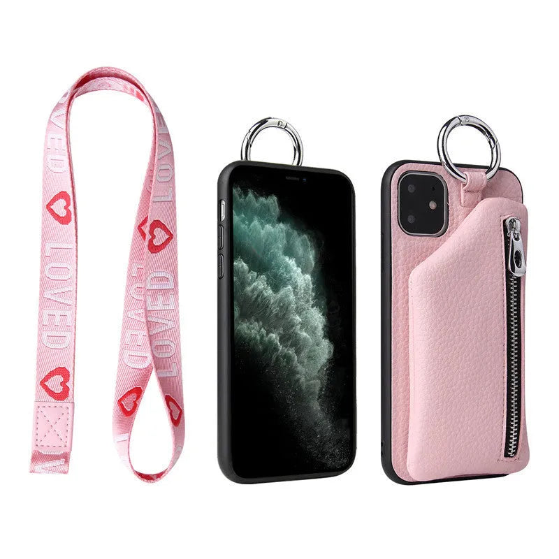 PU leather iPhone case wallet with crossbody lanyard and coin purse compartment in solid colour