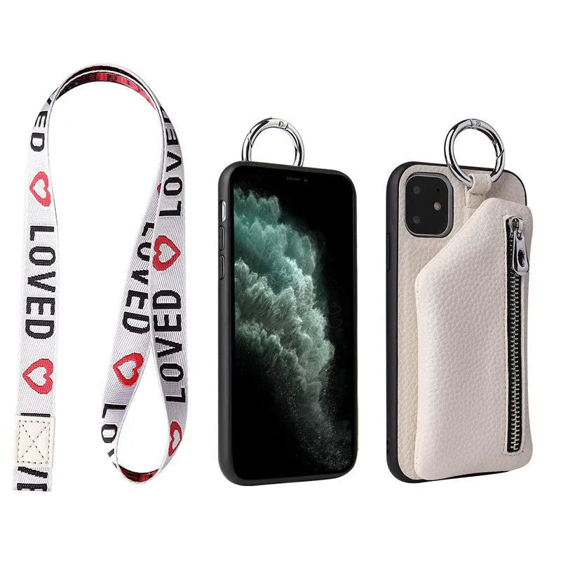 PU leather iPhone case wallet with crossbody lanyard and coin purse compartment in solid colour