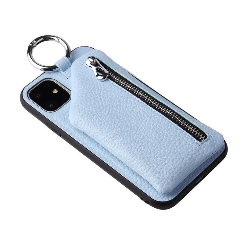 PU leather iPhone case wallet with crossbody lanyard and coin purse compartment in solid colour