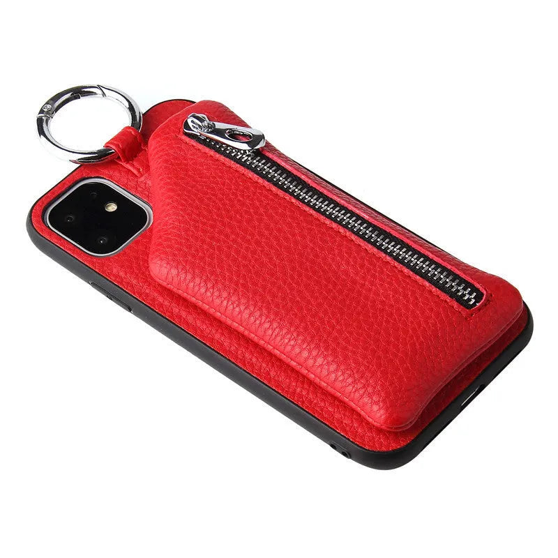 PU leather iPhone case wallet with crossbody lanyard and coin purse compartment in solid colour