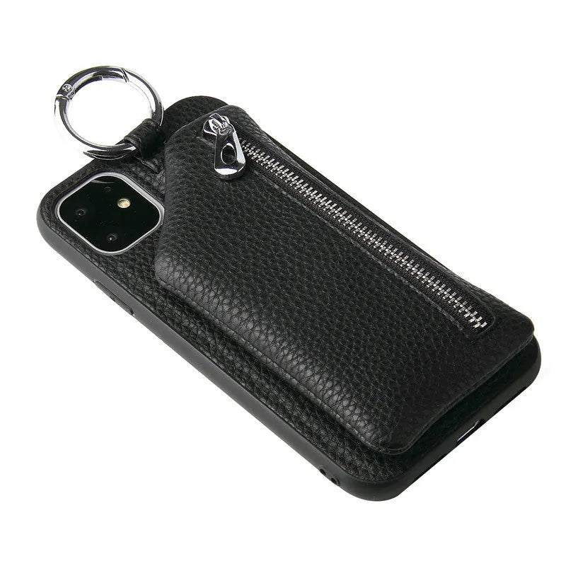 PU leather iPhone case wallet with crossbody lanyard and coin purse compartment in solid colour