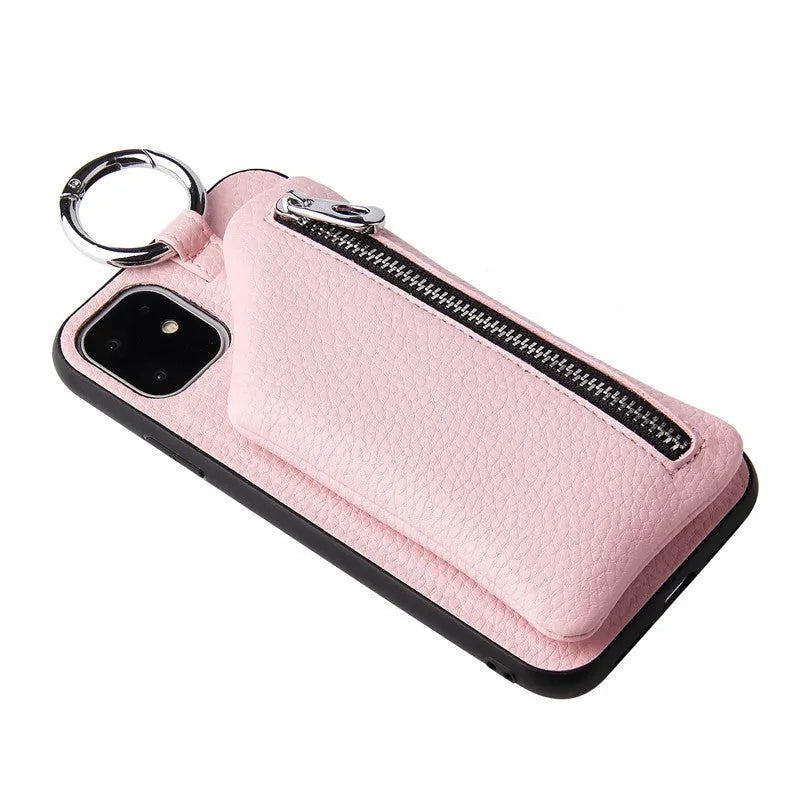 PU leather iPhone case wallet with crossbody lanyard and coin purse compartment in solid colour