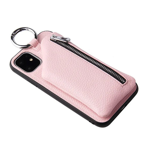 PU leather iPhone case wallet with crossbody lanyard and coin purse compartment in solid colour