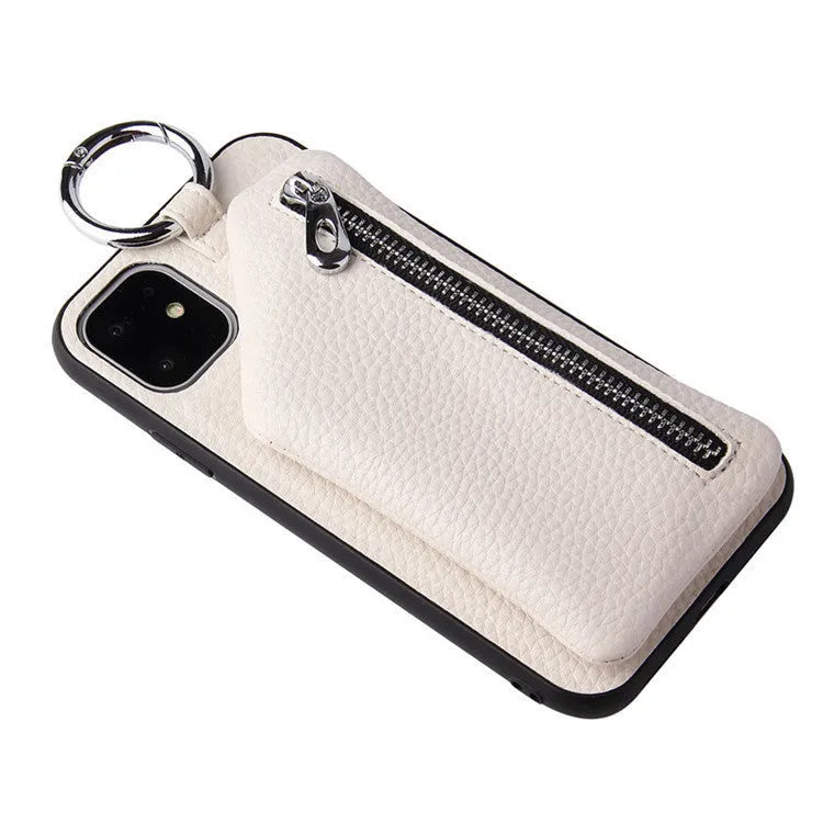 PU leather iPhone case wallet with crossbody lanyard and coin purse compartment in solid colour