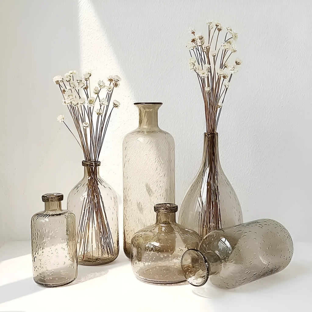 Grey geometric bubble glass vase with stained glass construction and distinctive surface texture