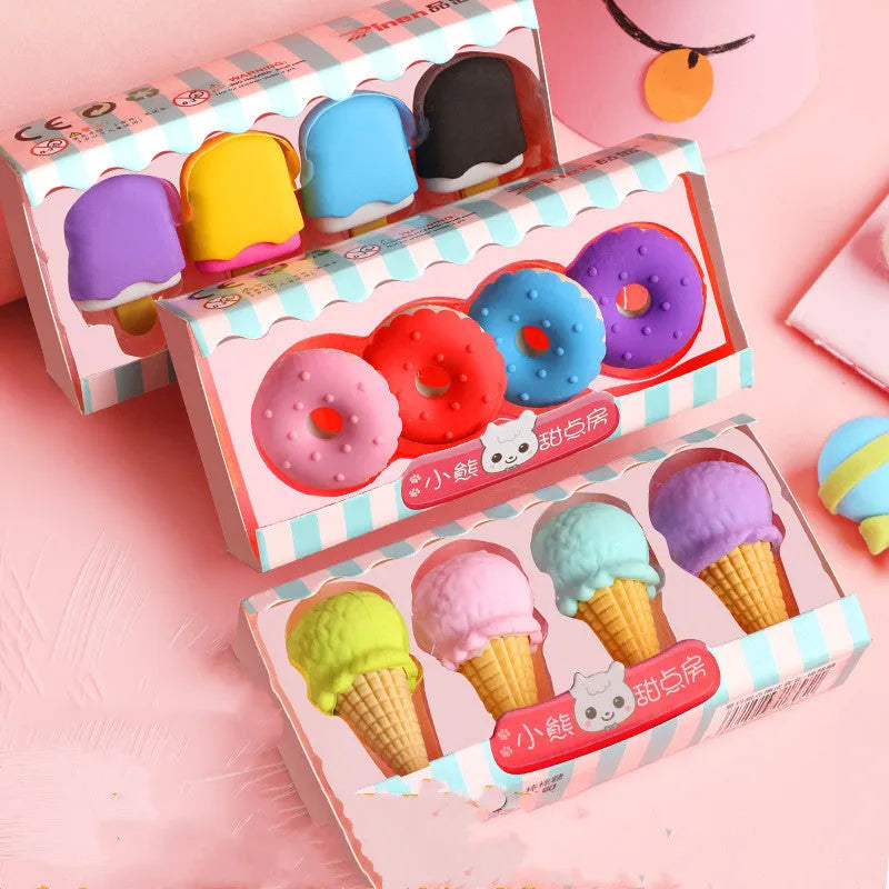 Cartoon dessert eraser gift set with ice cream, donut, and lollipop designs for kindergarten children
