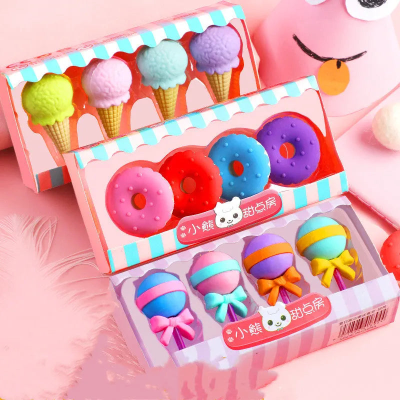 Cartoon dessert eraser gift set with ice cream, donut, and lollipop designs for kindergarten children