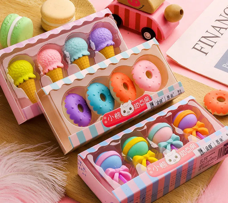 Cartoon dessert eraser gift set with ice cream, donut, and lollipop designs for kindergarten children