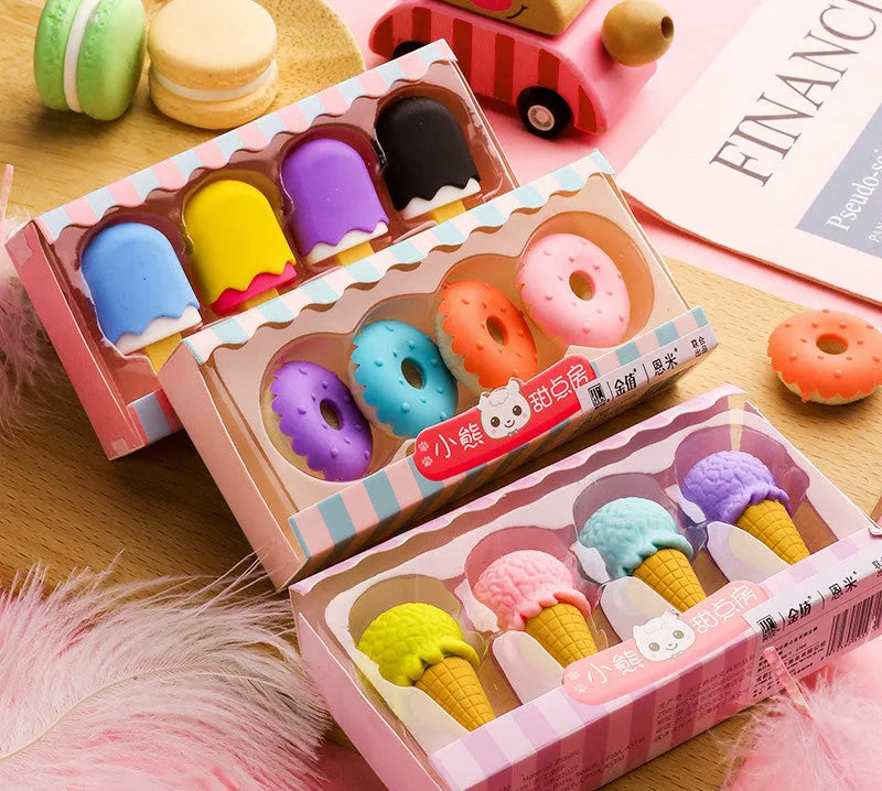 Cartoon dessert eraser gift set with ice cream, donut, and lollipop designs for kindergarten children