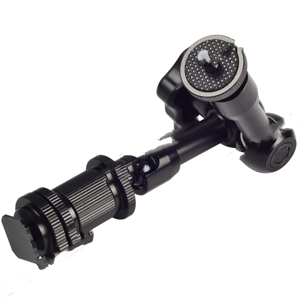 Black all-metal MENGS 7-inch magic friction arm for DSLR cameras with ball heads and controller.
