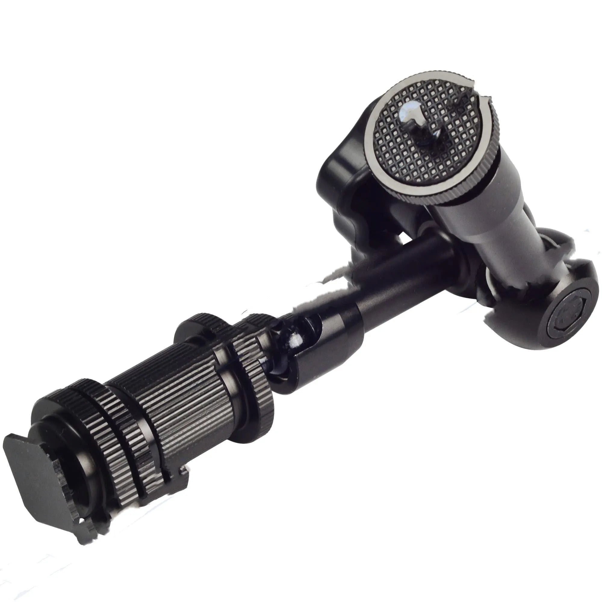 Black all-metal MENGS 7-inch magic friction arm for DSLR cameras with ball heads and controller.