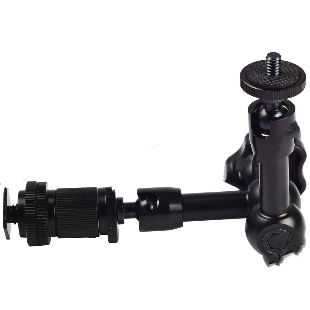Black all-metal MENGS 7-inch magic friction arm for DSLR cameras with ball heads and controller.