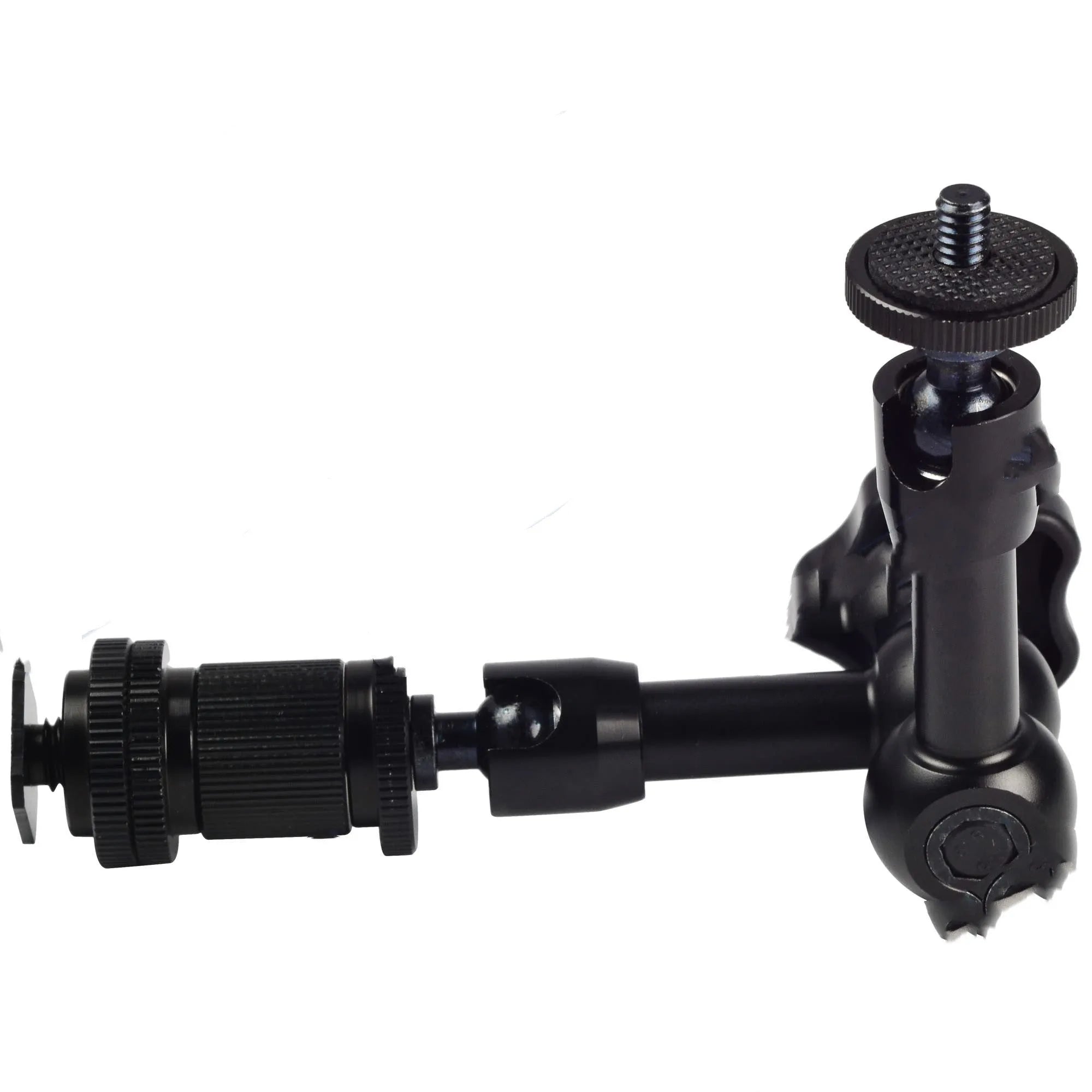 Black all-metal MENGS 7-inch magic friction arm for DSLR cameras with ball heads and controller.