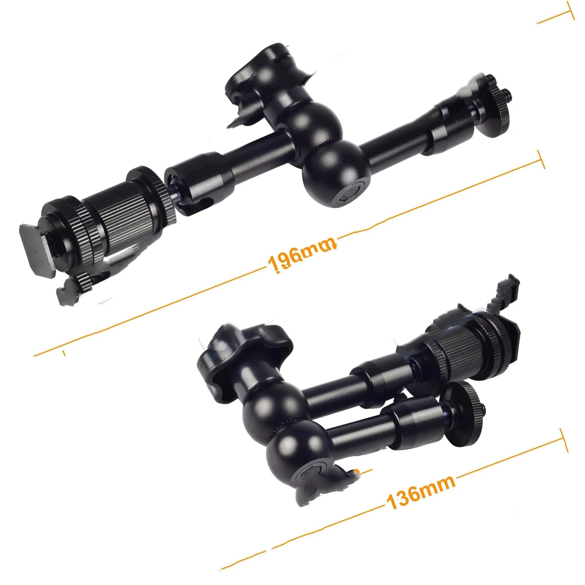 Black all-metal MENGS 7-inch magic friction arm for DSLR cameras with ball heads and controller.