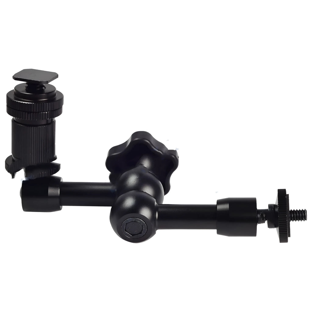 Black all-metal MENGS 7-inch magic friction arm for DSLR cameras with ball heads and controller.