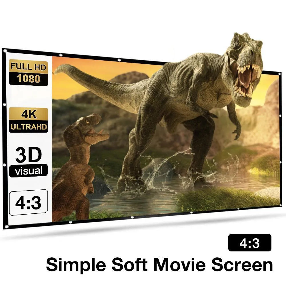 White polyester folding projector screen showing 150-inch size and compact storage design