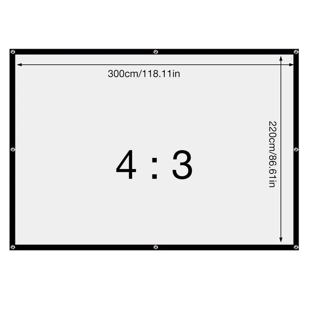 White polyester folding projector screen showing 150-inch size and compact storage design