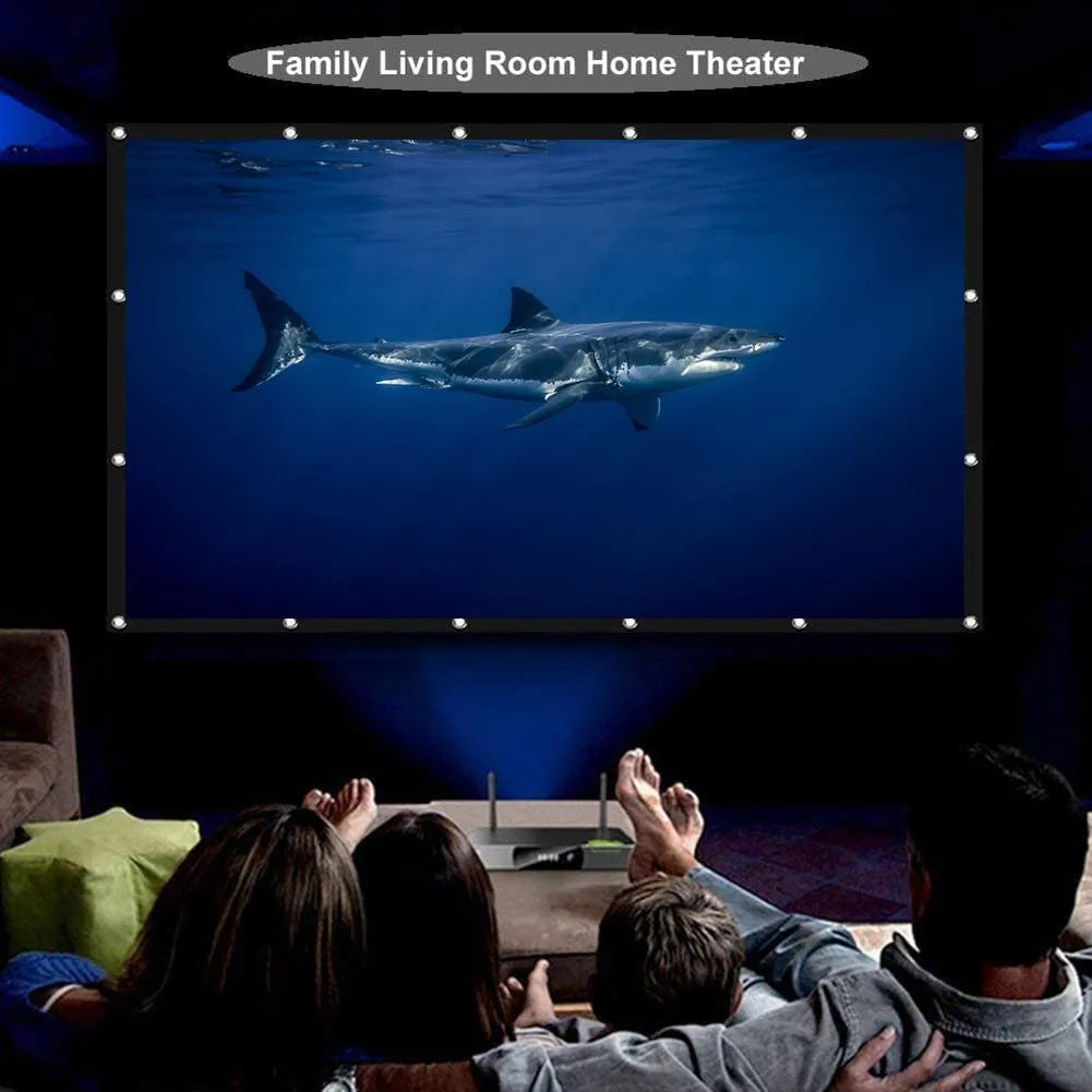 White polyester folding projector screen showing 150-inch size and compact storage design