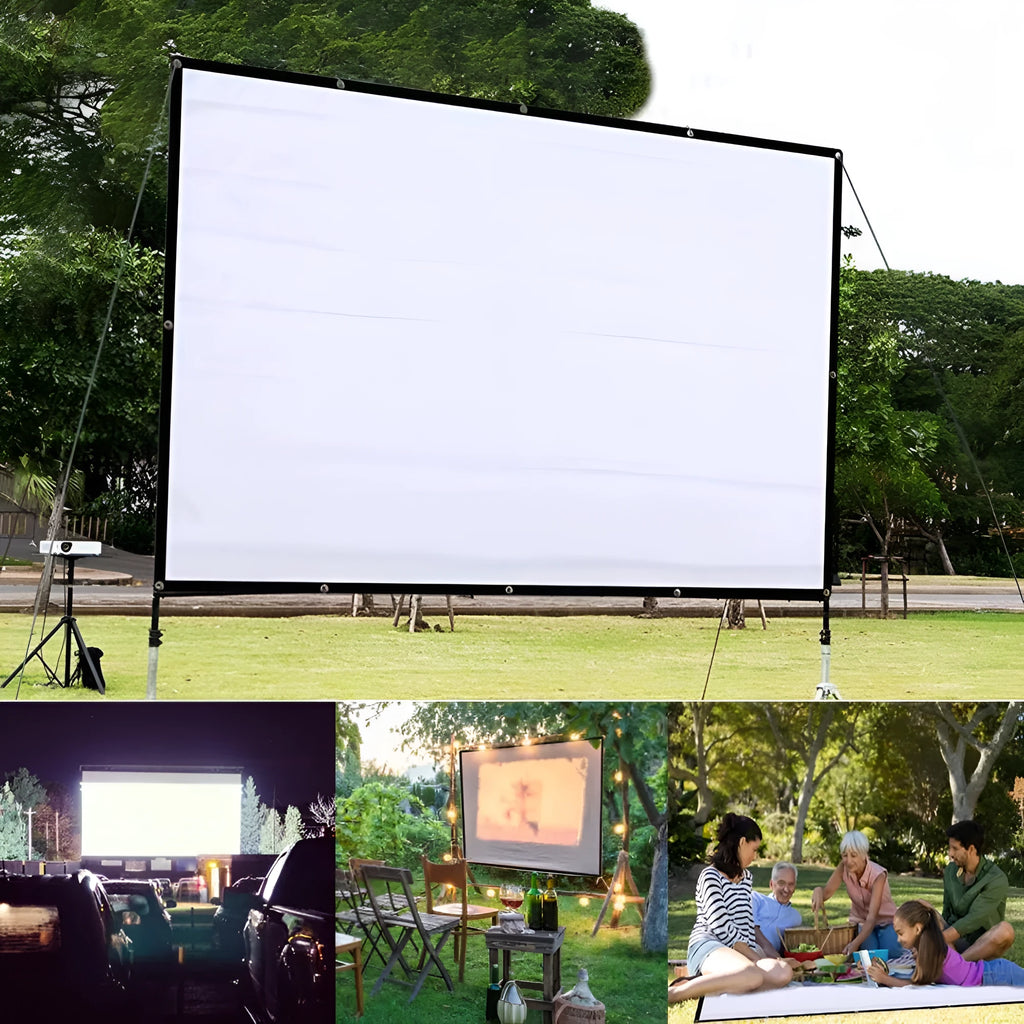 White polyester folding projector screen showing 150-inch size and compact storage design