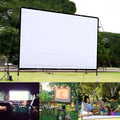 White polyester folding projector screen showing 150-inch size and compact storage design